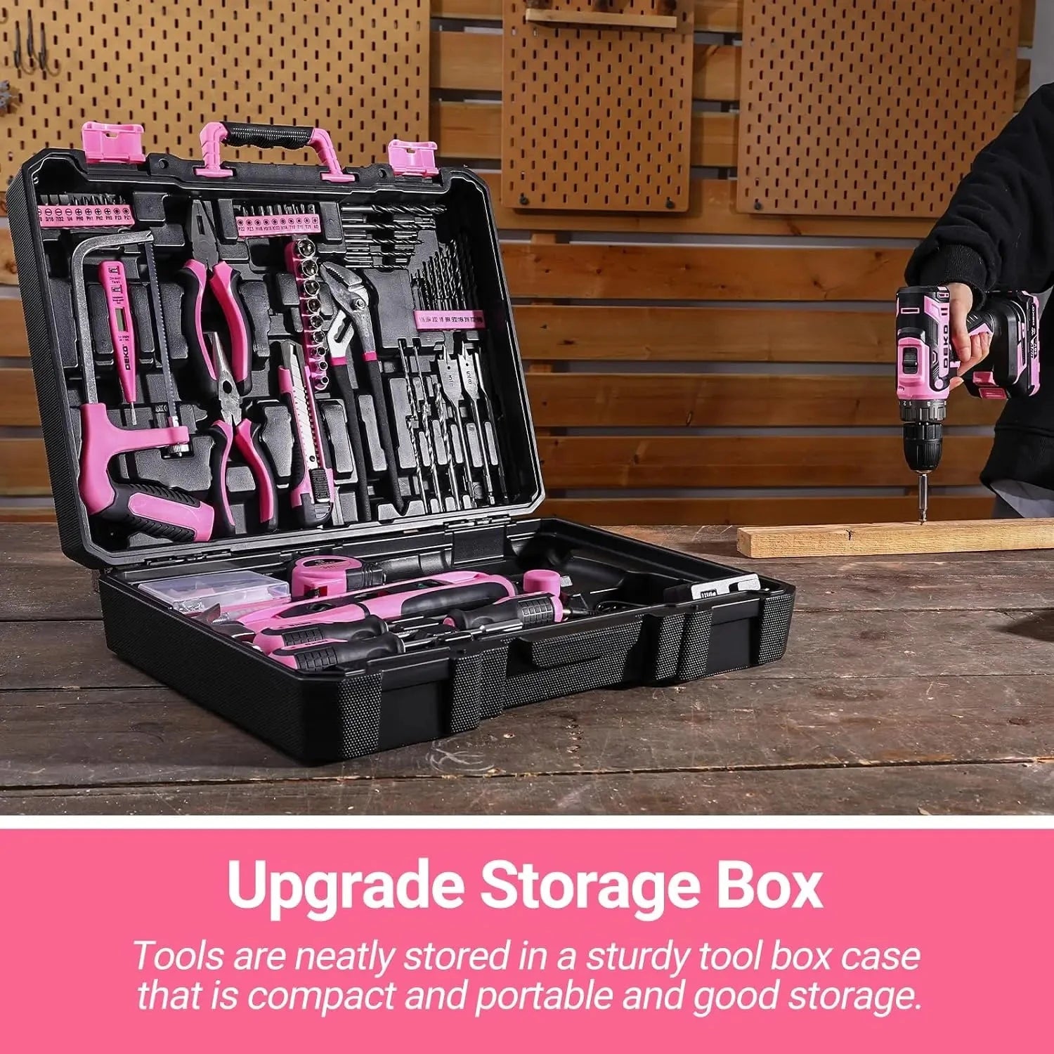 DEKO Pink Drill Tool Kit Set: 20V Cordless Power Drill Tool Box with Battery Electric Drill Driver Ohberri
