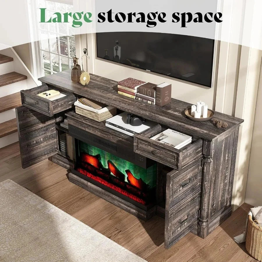 75 Fireplace TV Stand Large TV Stand with 36 Fireplace Farmhouse with Solid Wood 2 Drawers Cabin Ohberri