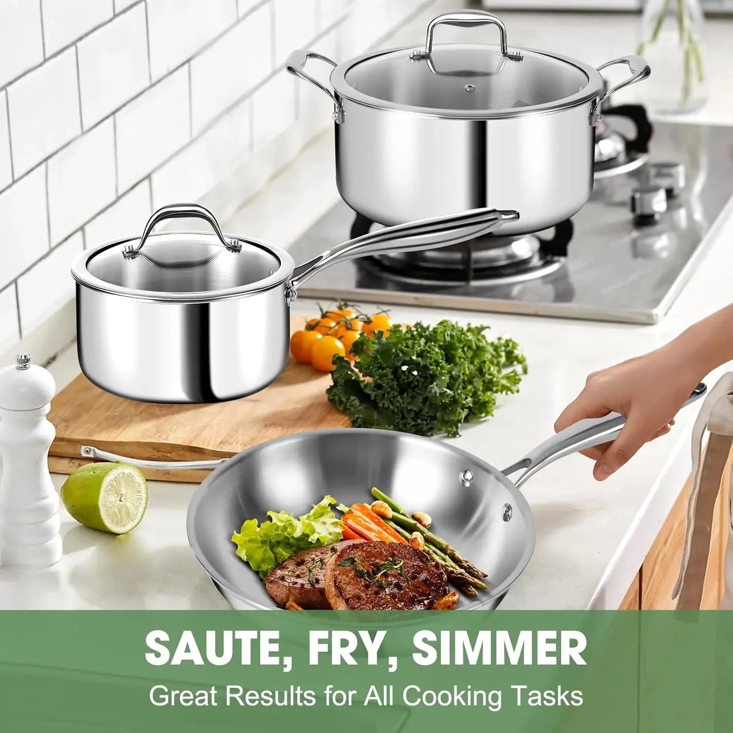 Stainless Steel 11-Piece Cookware Set with Lids Non-Toxic, Induction Ohberri