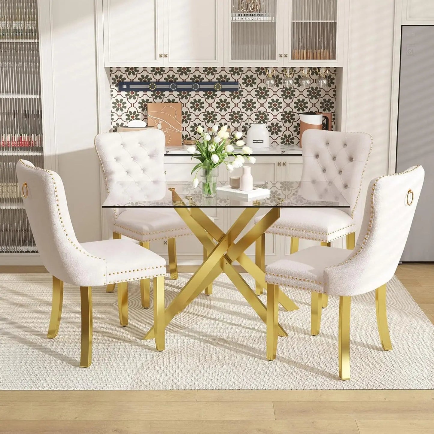 51 Inch Glass Dining Table with 4 Upholstered Velvet Accent Chairs, 5 Piece Modern Ohberri