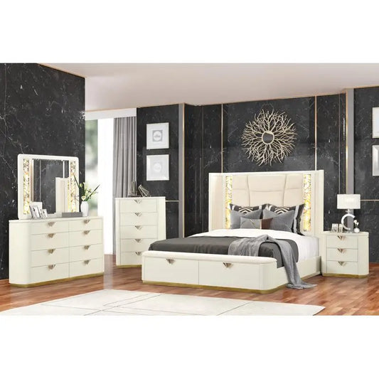 5-Pc King Upholstered Bedroom Set with Wood & Gold Accents in Beige - Ohberri