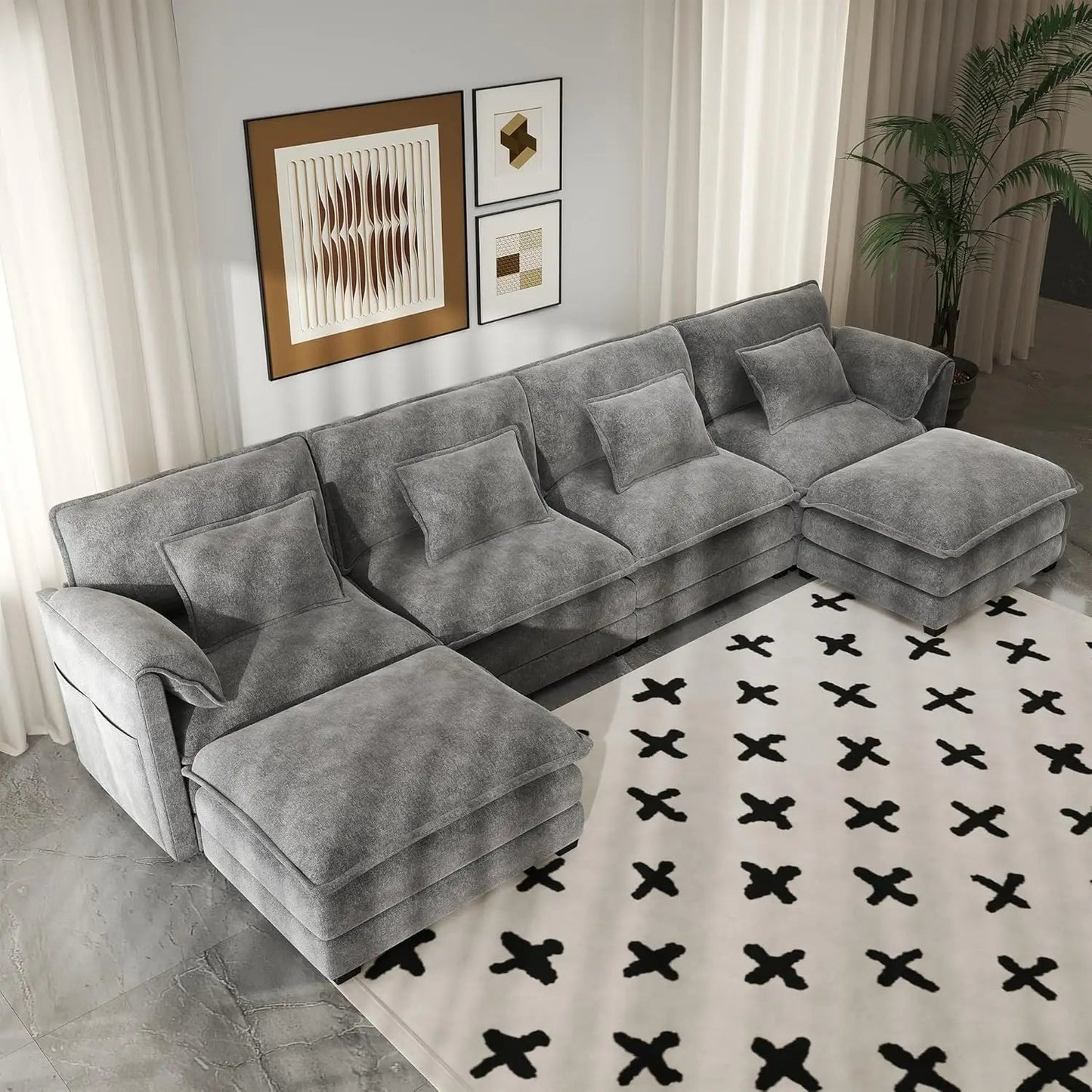 Modular Sectional Sofa Convertible Couch with Movable Ottoman,6 Pillows and 2 Armrest Pillows Ohberri