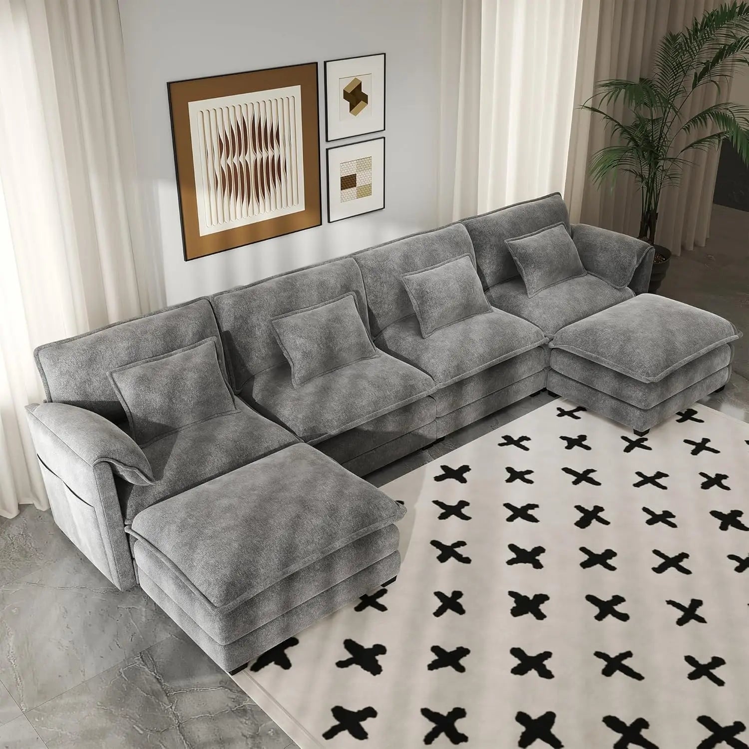 Modular Sectional Sofa Convertible Couch with Movable Ottoman,6 Pillows and 2 Armrest Pillows Ohberri