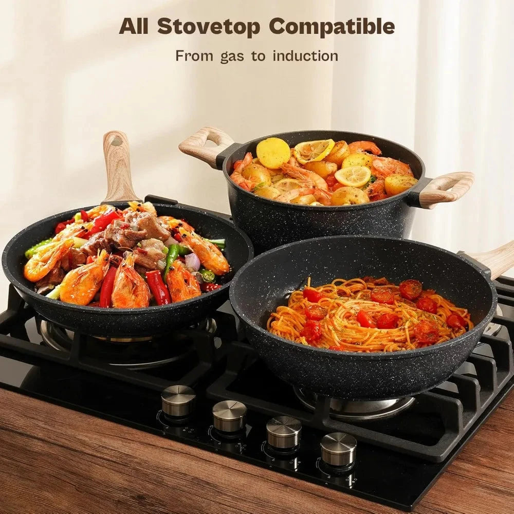 Pots and Pans Set, Nonstick Cookware Sets Black Granite Induction Ohberri