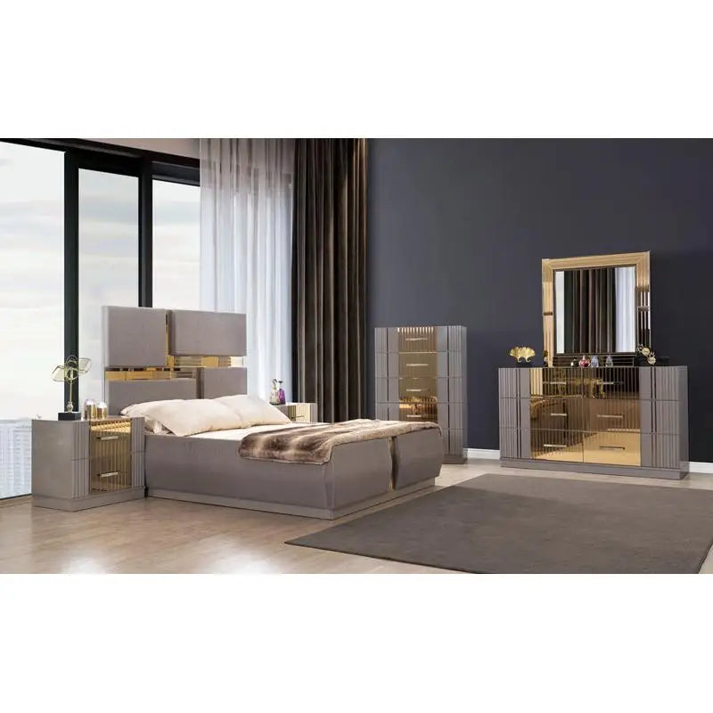 5-Pc Tufted Upholstered Bedroom Set with Wood & Gold Accents in Gray - Ohberri