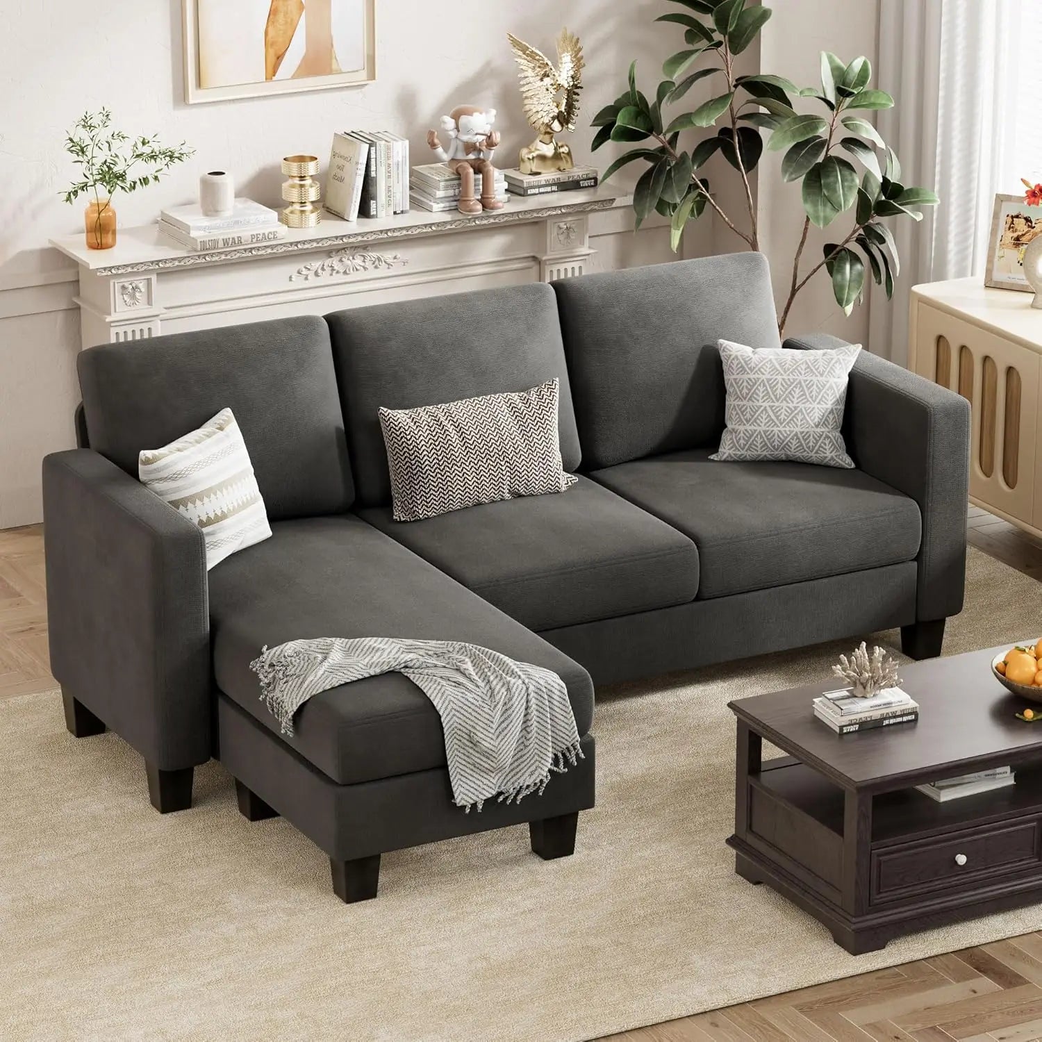 3 Seat L-Shaped Sofa with Linen Fabric Ottoman (Dark Gray) - Ohberri