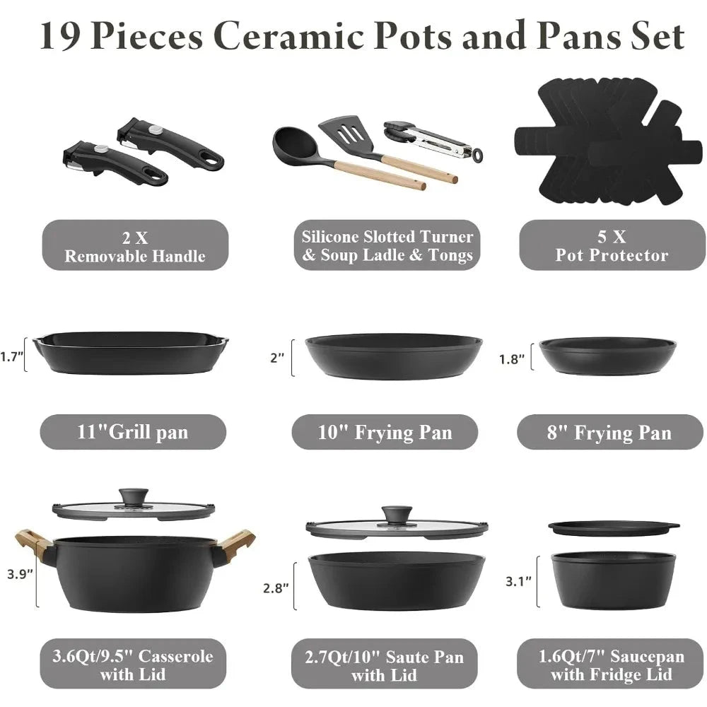 19 Pcs Pots and Pans Set Non Stick Ceramic Cookware Set with Removable Handles Ohberri