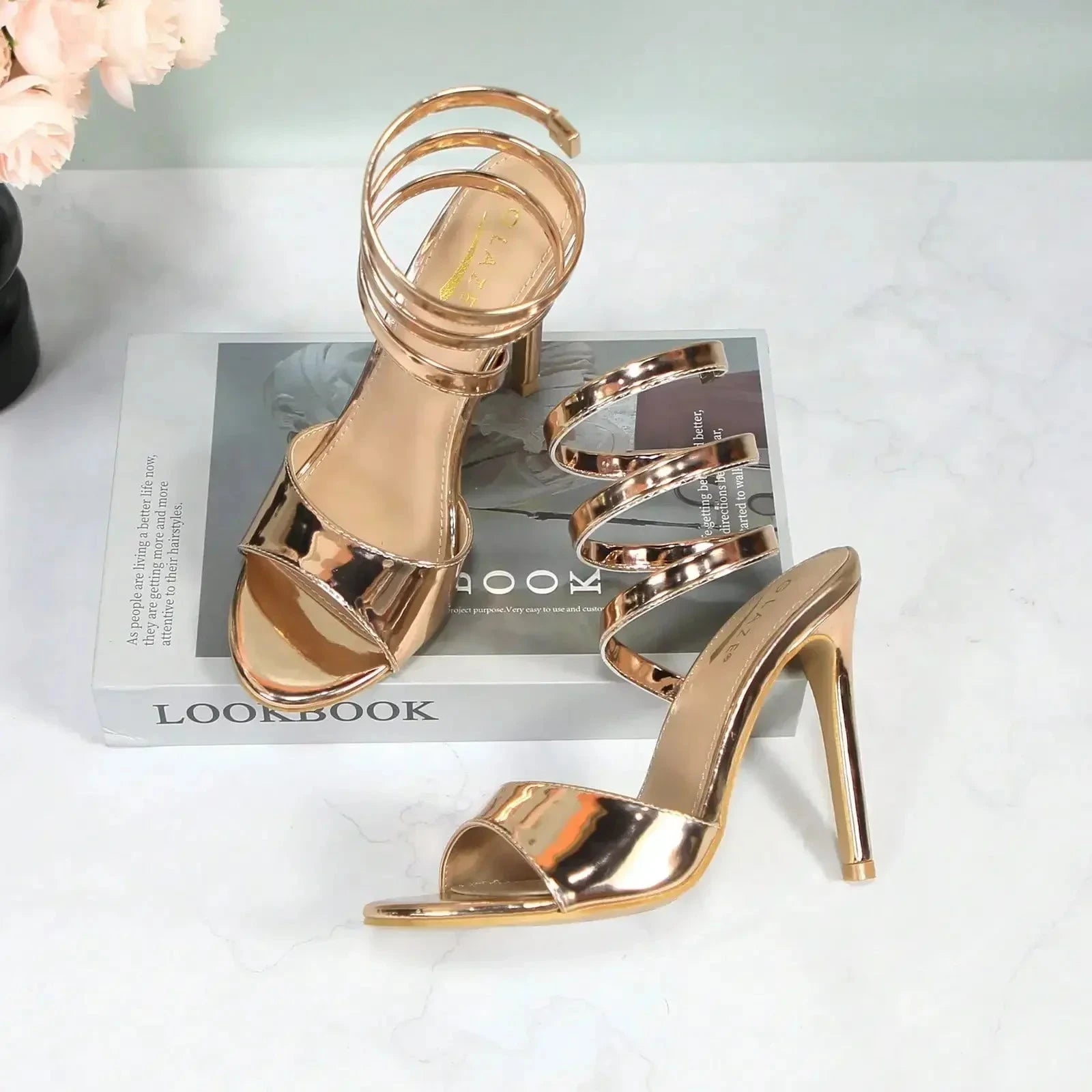 Strappy Gold Stilettos - Lace-Up Ankle Wrap Heels Ohberri