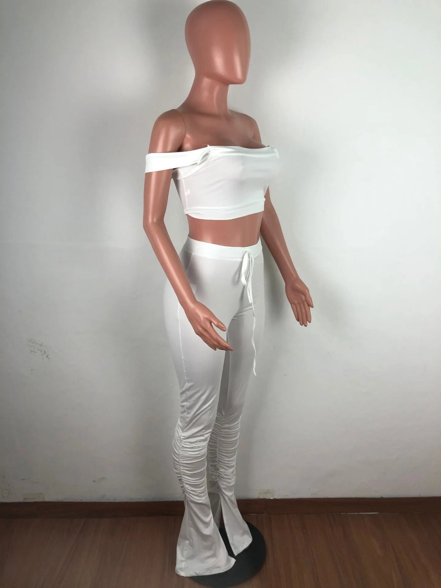 2 Piece Set Skinny Elastic Strapless Tops and Fold Slit Thin Pants Ohberri