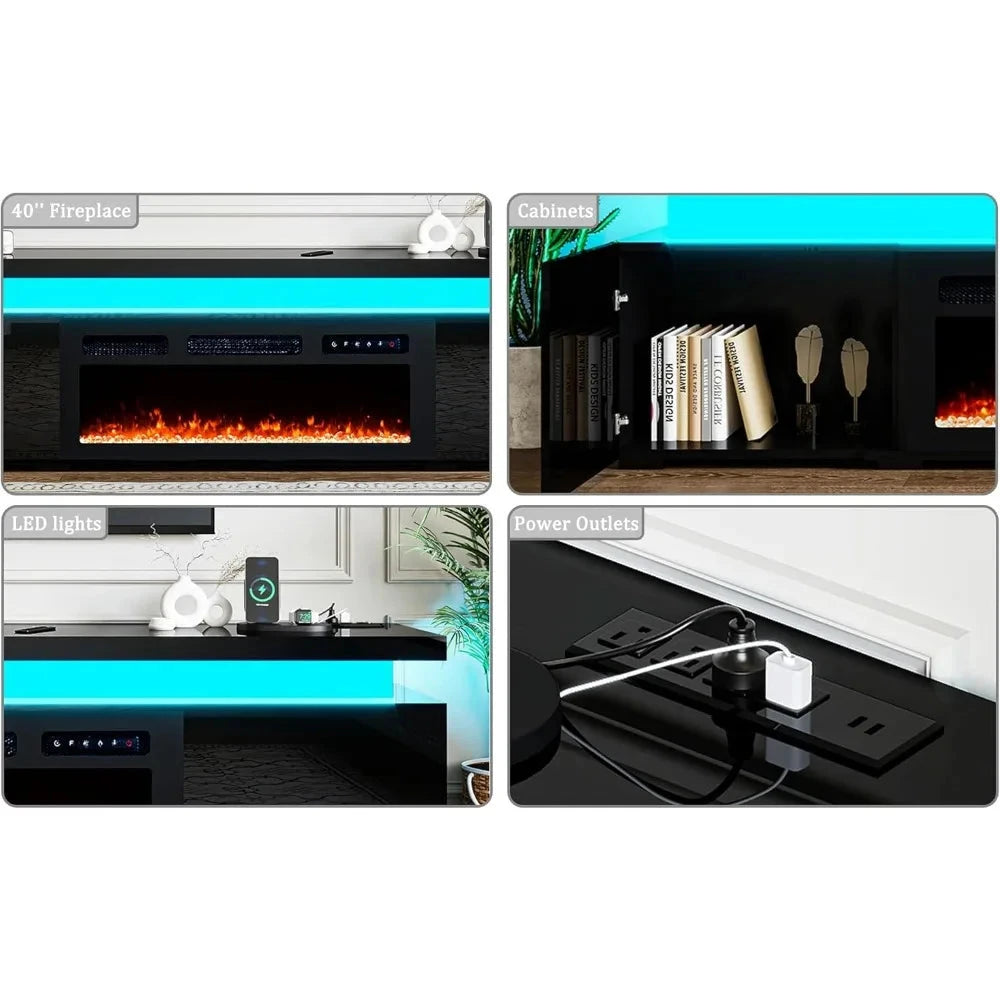 85’’ Fireplace TV Stand for 90 Inch TVs, Modern with LED Lights, High Gloss with 40’’ Electric Ohberri