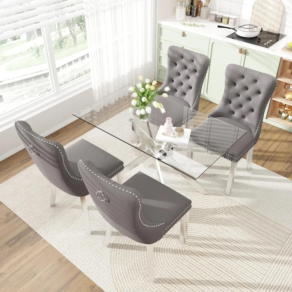 51 Inch Glass Dining Table with 4 Upholstered Velvet Accent Chairs, 5 Piece Modern Ohberri