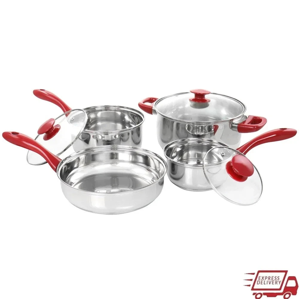7 Piece Stainless Steel Cookware Set Chrome Red Handles Ohberri