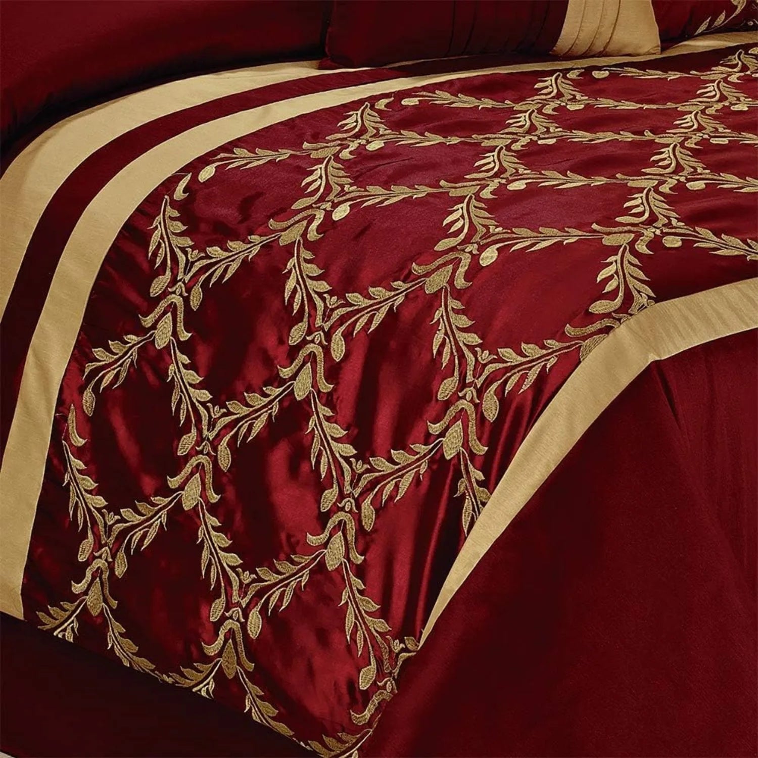 7 Piece Comforter Set King - Burgundy and Gold Faux Silk Fabric Embroidered - Claremont Bed in A Bag - Breathable and Wrinkle - Ohberri