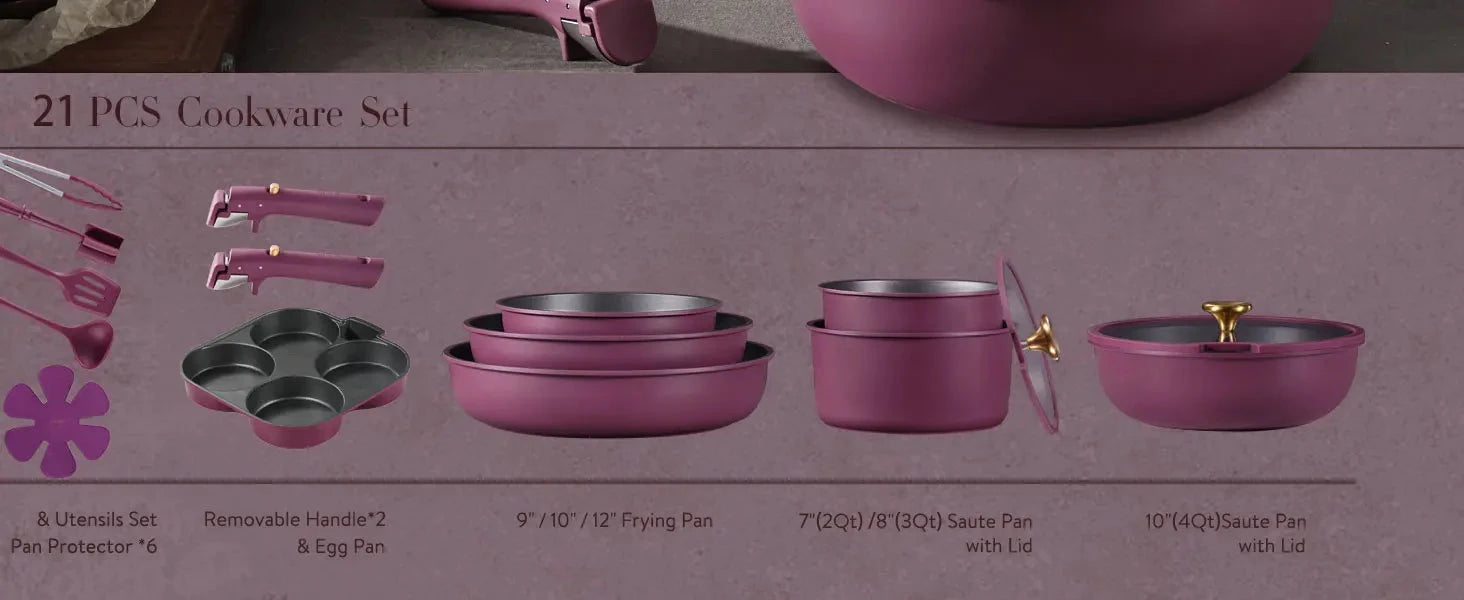 21pcs Pots and Pans Set, Nonstick Cookware Set Detachable Handle, Induction Ohberri
