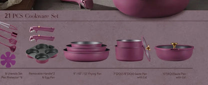 21pcs Pots and Pans Set, Nonstick Cookware Set Detachable Handle, Induction Ohberri