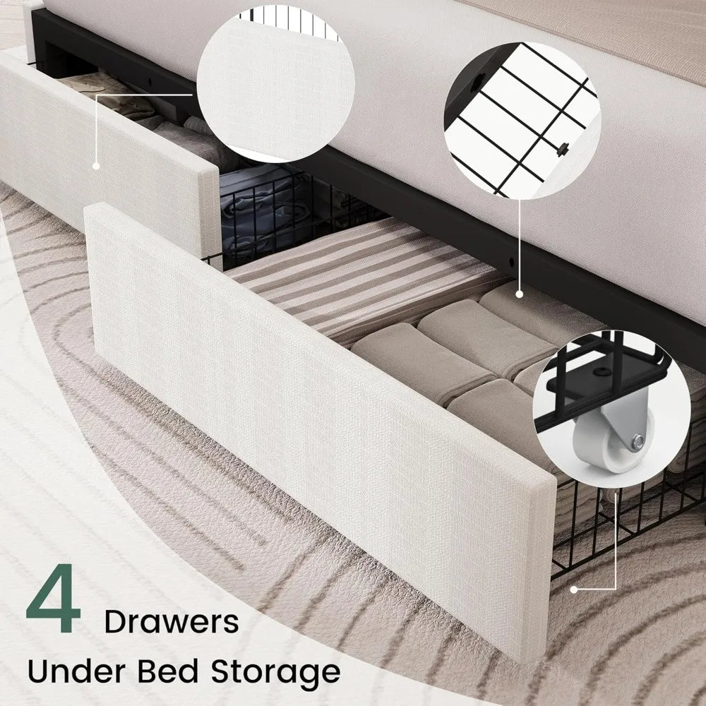 King Size Bed Frame with 4 Storage Drawers and Wingback Headboard Linen Upholstered Platform Bed Frame with Wooden Slats - Ohberri