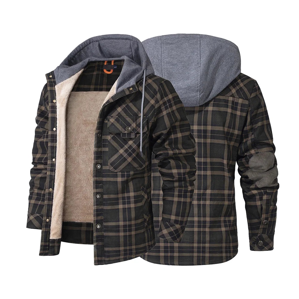 Men's Jackets Winter Hooded Warm Coat Casual Thicken Plaid Ohberri