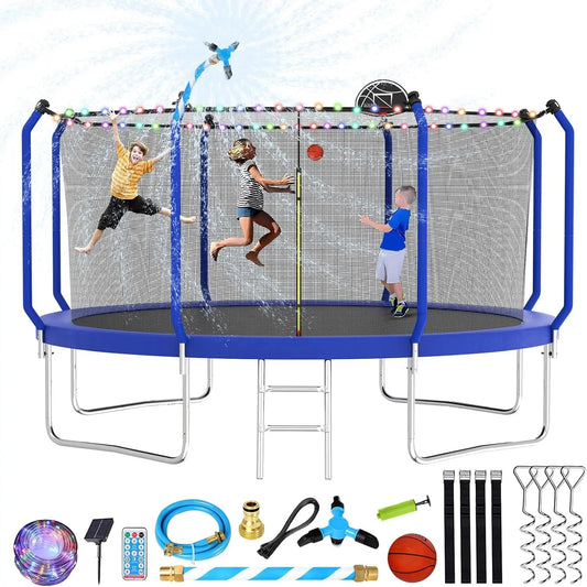 Trampoline 14FT With Basketball Hoop, Light, Sprinkler, Stakes - Outdoor Ohberri