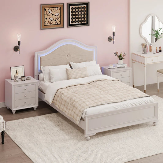 3 Pieces Bedroom Sets Full Size Wood Bed with Hidden LED Light Upholstered Headboard + 2 Nightstands, Cream Grey - Ohberri