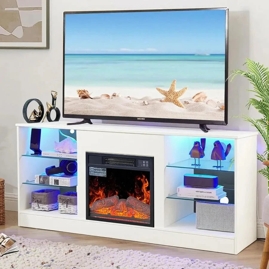 Fireplace LED TV Stand for Televisions 43 50 55 60 65 Center and Media Console with Storage Drawers and Glass Shelves Ohberri