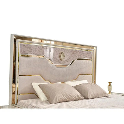 Modern Style 4-Piece Queen Upholstered Bedroom Set with Wood and Gold Accents in Beige - Ohberri