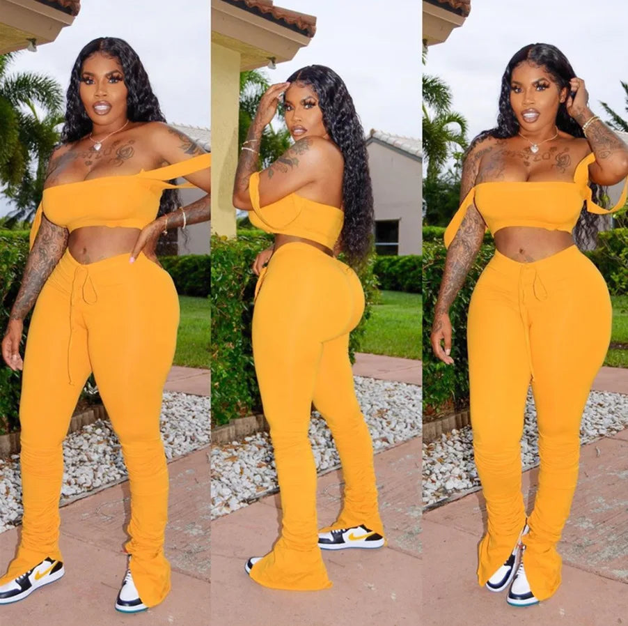 2 Piece Set Skinny Elastic Strapless Tops and Fold Slit Thin Pants Ohberri