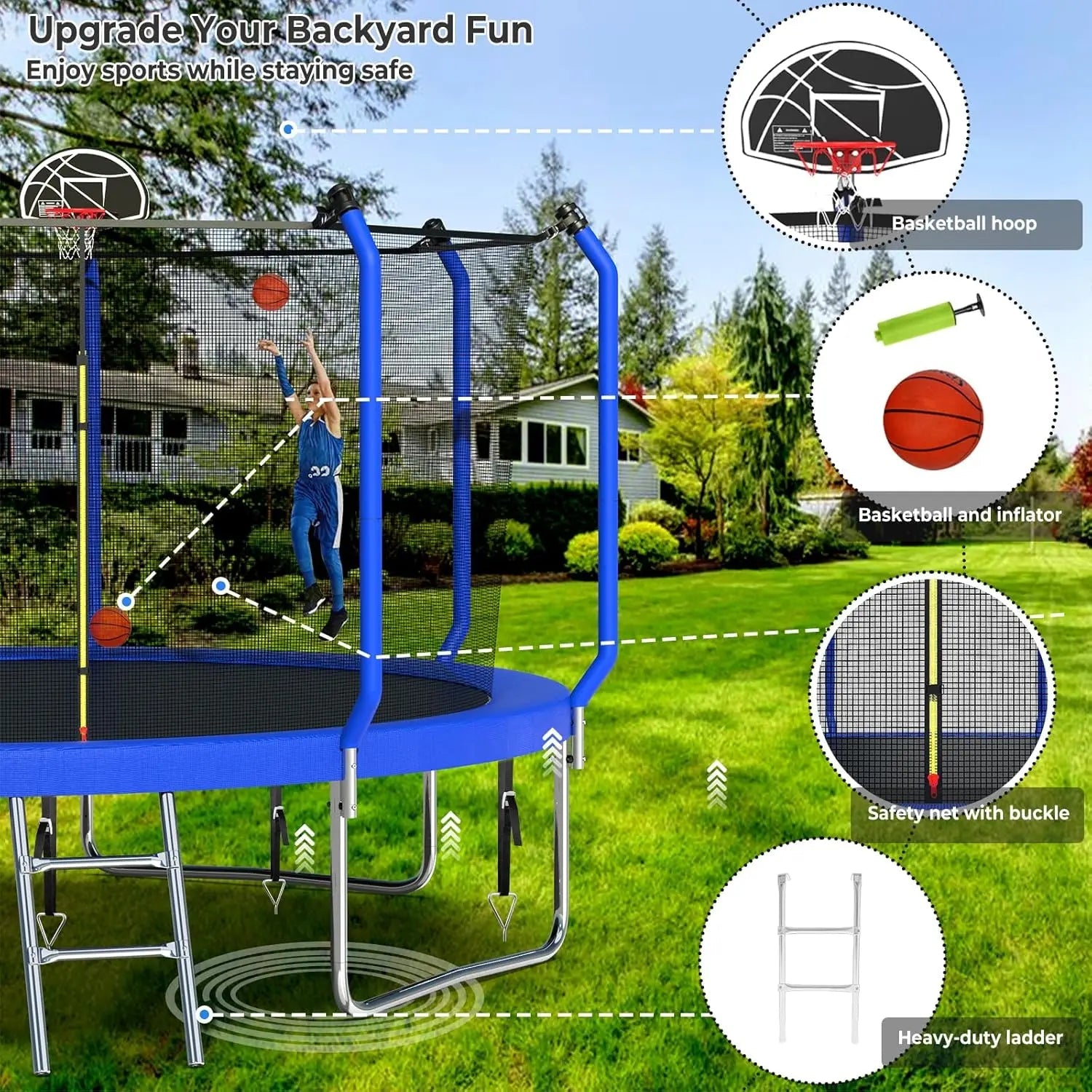 Trampoline 14FT With Basketball Hoop, Light, Sprinkler, Stakes - Outdoor Ohberri