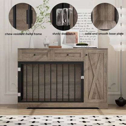 Wooden Dog Crate Furniture, Double Door Pet Kennel with 2 Drawers & Storage Cabinet Ohberri