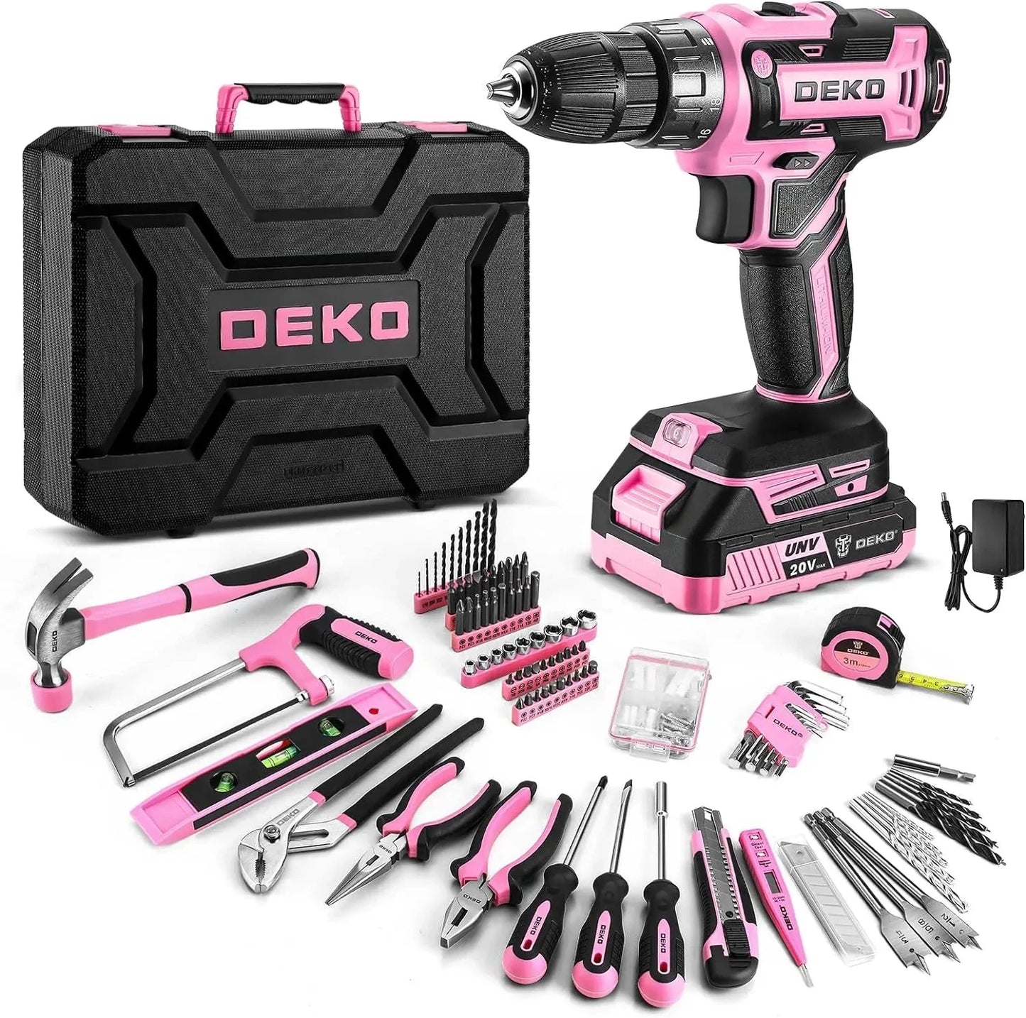 DEKO Pink Drill Tool Kit Set: 20V Cordless Power Drill Tool Box with Battery Electric Drill Driver Ohberri