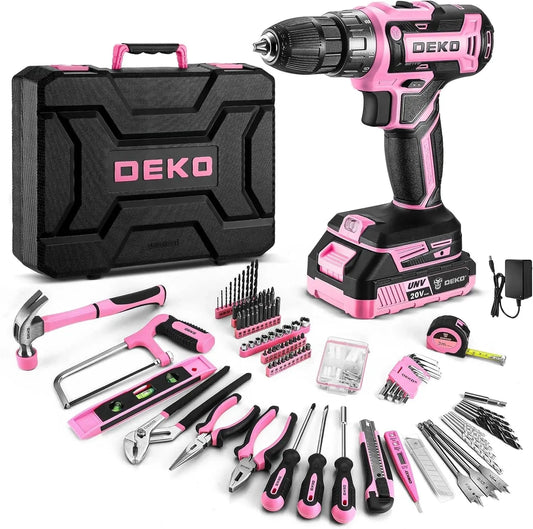 DEKO Pink Drill Tool Kit Set: 20V Cordless Power Drill Tool Box with Battery Electric Drill Driver Ohberri