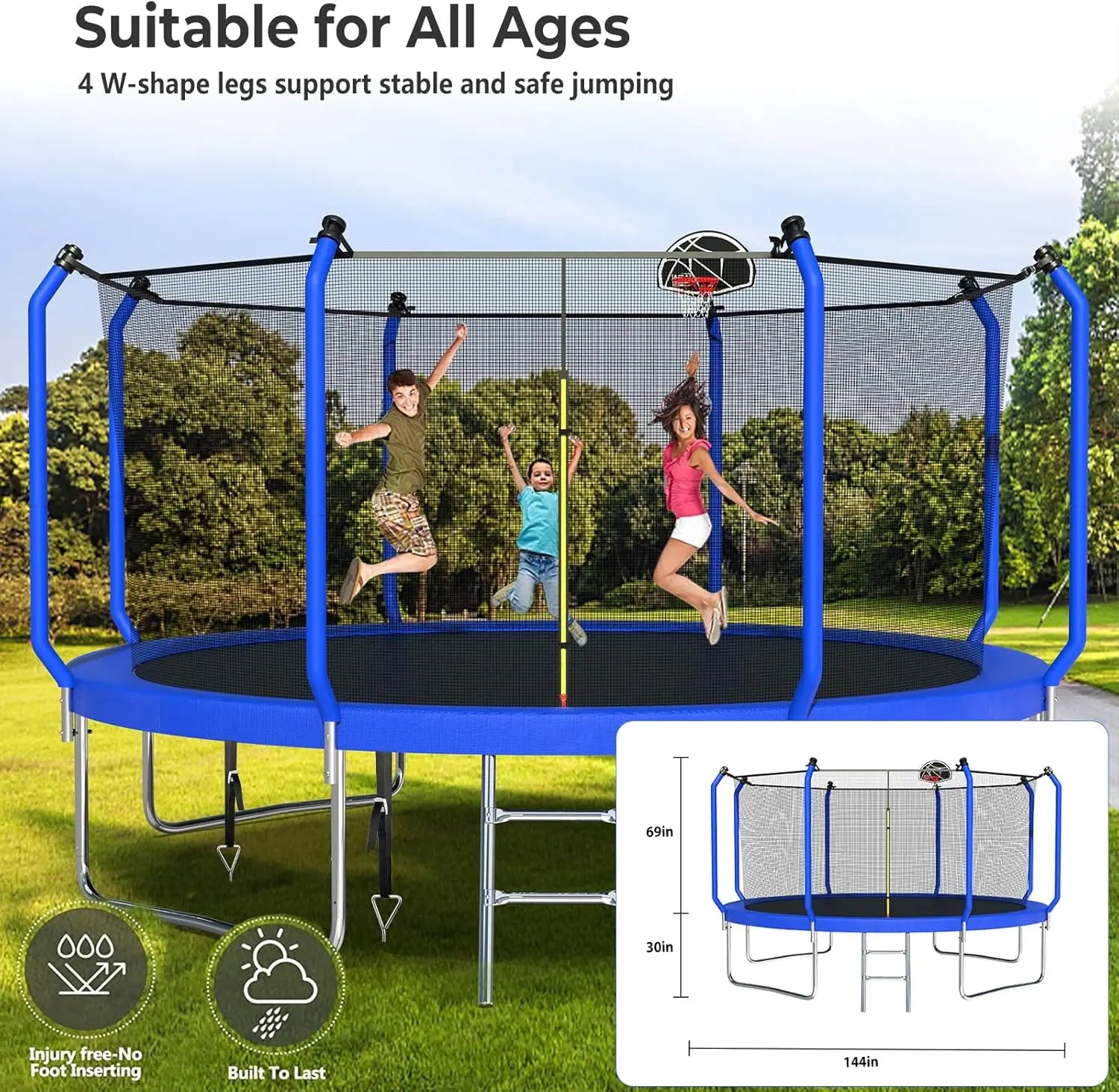 Trampoline 14FT With Basketball Hoop, Light, Sprinkler, Stakes - Outdoor Ohberri