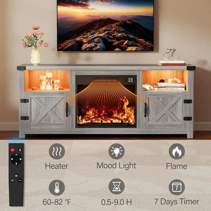 65 Inch LED Fireplace TV Stand with Mood Lighting, Cabinet with Open Shelf & Hidden Cable Routing Ohberri
