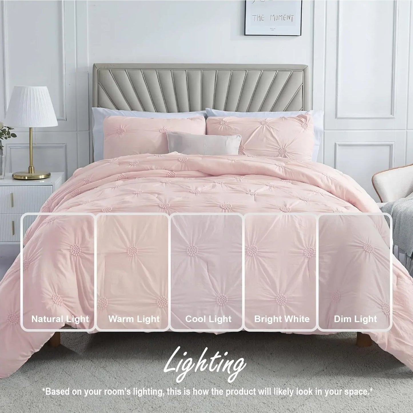 Full/Queen Baby Pink Rose Blush Comforter Set - Ruched 3D Floral Pintuck Bedding Set - 3 Pieces Bed Linen, 1 Comforter - Ohberri
