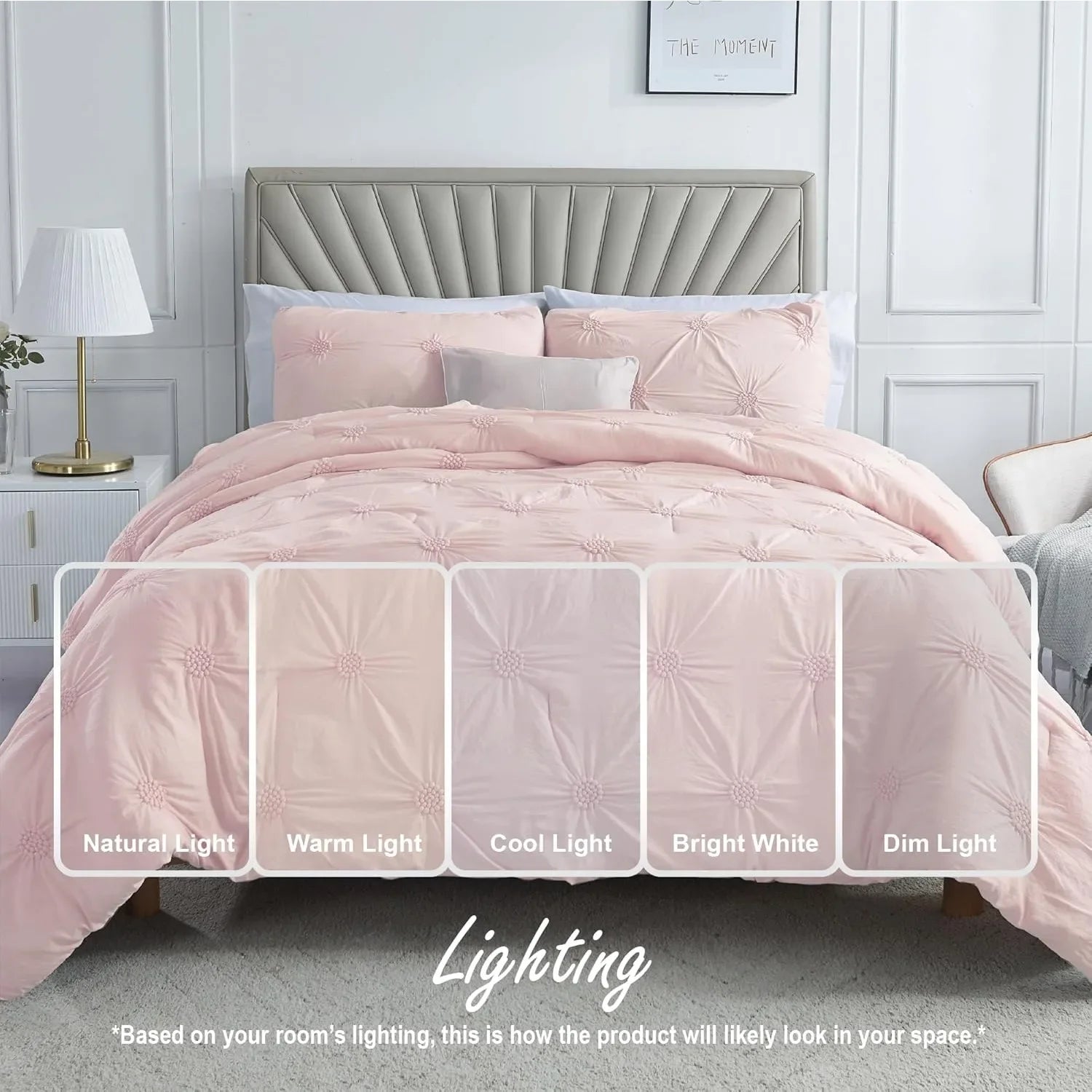 Full/Queen Baby Pink Rose Blush Comforter Set - Ruched 3D Floral Pintuck Bedding Set - 3 Pieces Bed Linen, 1 Comforter - Ohberri