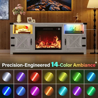 65 Inch LED Fireplace TV Stand with Mood Lighting, Cabinet with Open Shelf & Hidden Cable Routing Ohberri