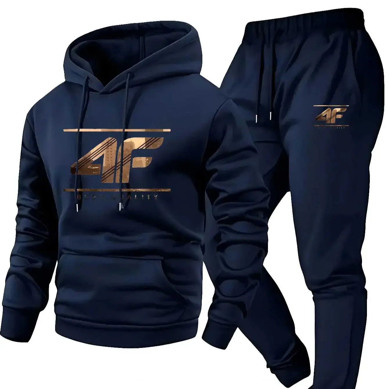 Men's Hoodie & Jogger Set with '4F' Print - Casual Sportswear, Beige & Black Matching Tracksuit Ohberri