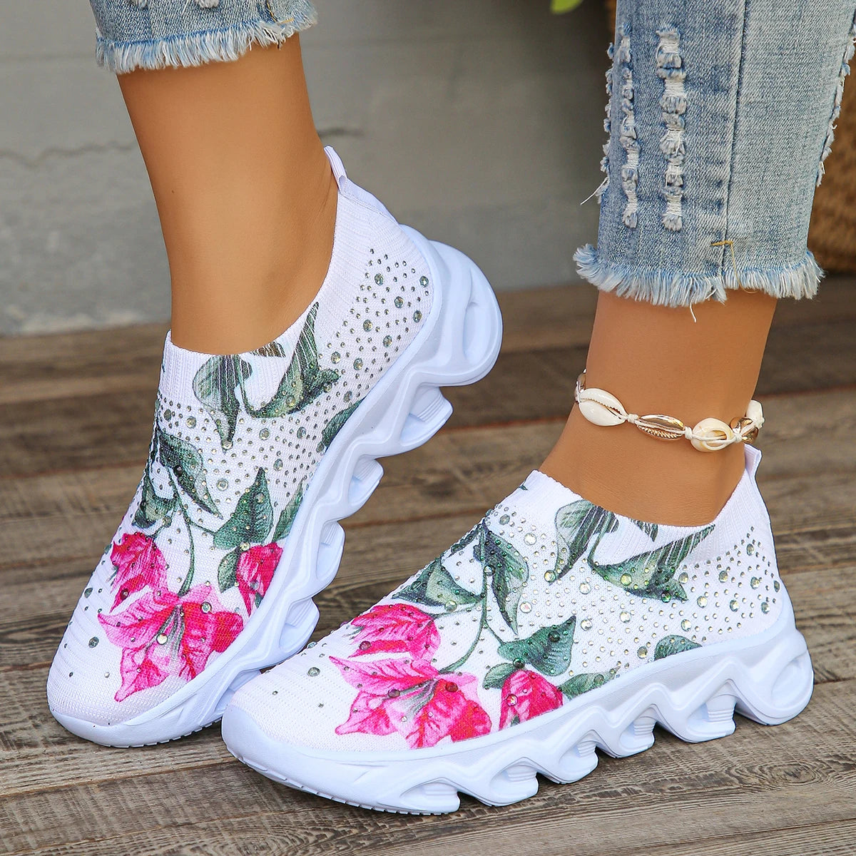 Crystal Floral Women's Knitted Breathable Mesh Sneakers Ohberri