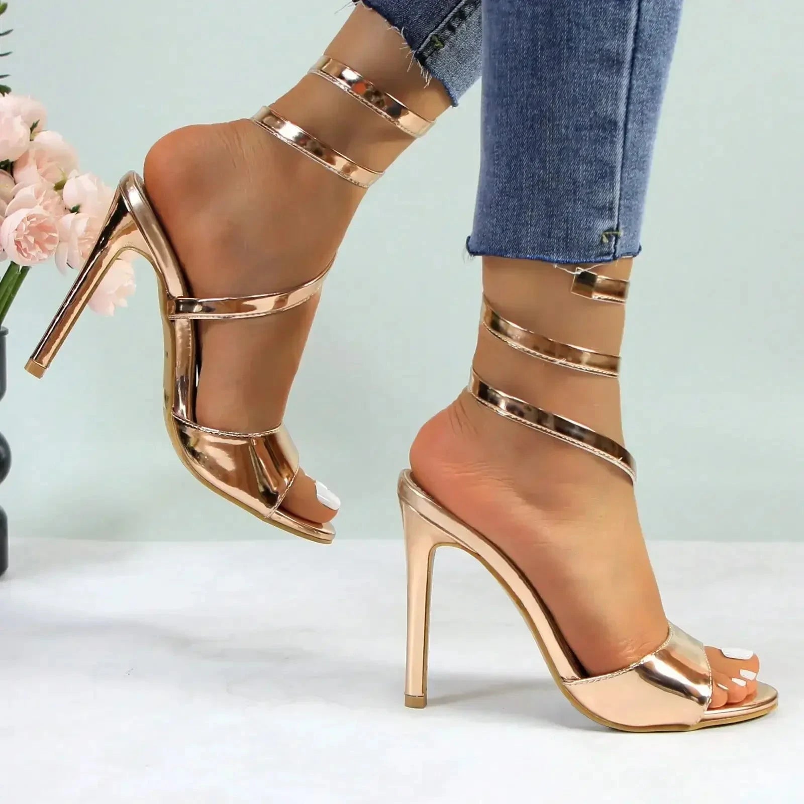 Strappy Gold Stilettos - Lace-Up Ankle Wrap Heels Ohberri