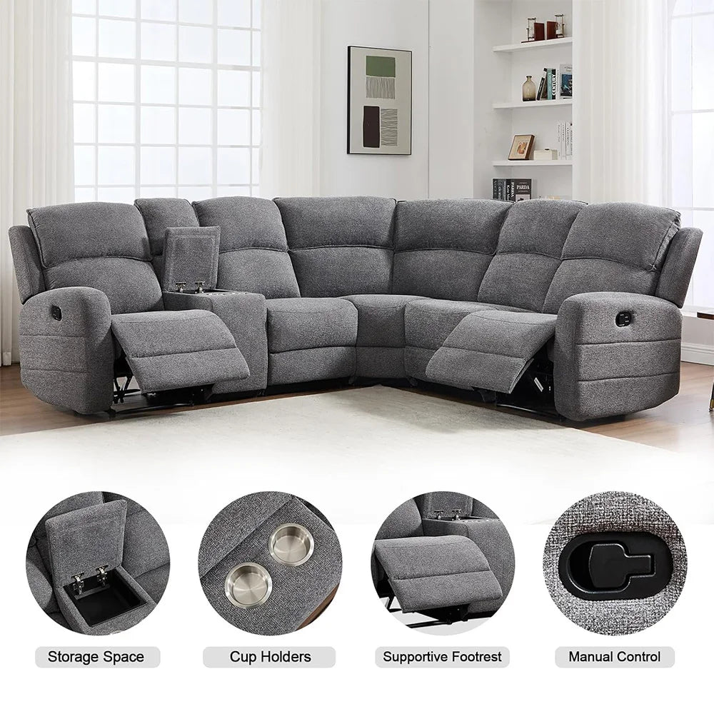 Fabric L-Shaped Reclining Large Corner Sectional with Padded Headrest, 2 Cup Holders - Ohberri