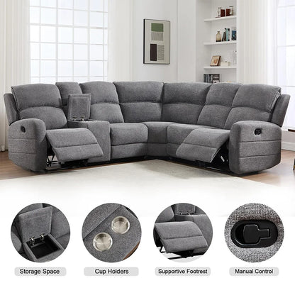 Fabric L-Shaped Reclining Large Corner Sectional with Padded Headrest, 2 Cup Holders - Ohberri