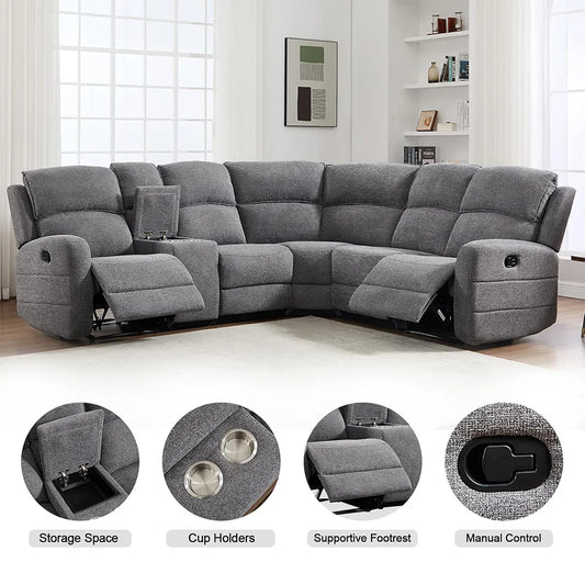 Fabric L-Shaped Reclining Large Corner Sectional with Padded Headrest, 2 Cup Holders - Ohberri