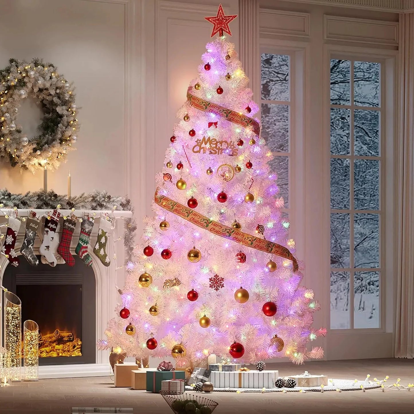 4.5/6/7.5/9Ft Prelit Christmas Tree Rose Gold Tinsel Christmas Tree With Warm White Led Lights Sparkle Ohberri