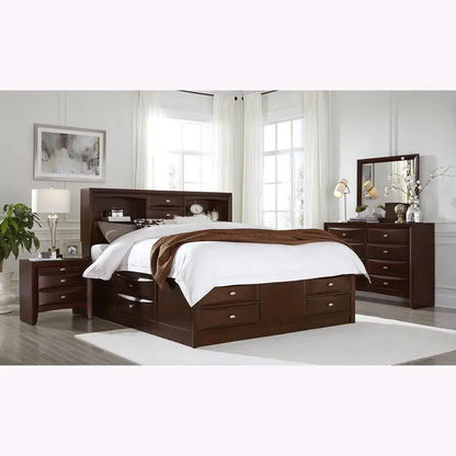5PC Queen Size Bedroom Set - Lucille Style Merlot Finish with Bed, Dresser, Nightstand & Mirror - Ohberri