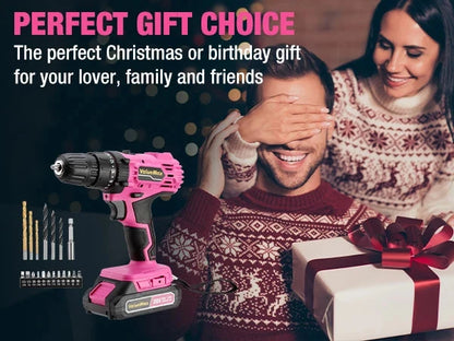 20V 3/8" Pink Cordless Drill Set  18+1 Torque Settings, Power Drill Set with LED Light and Magnetic Holder Ohberri