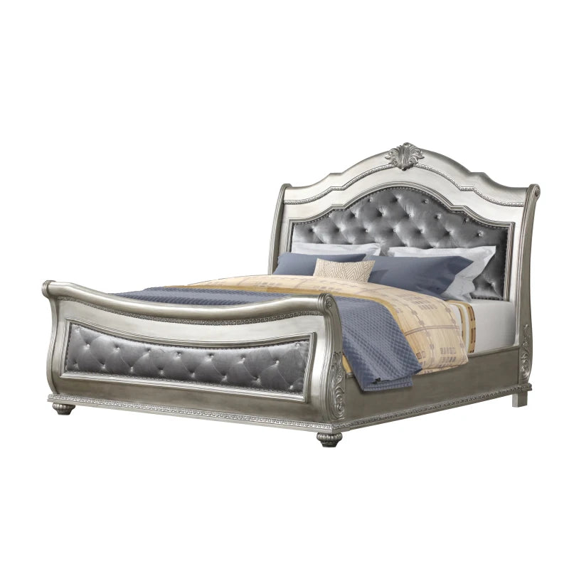 Traditional Style 4 Pc Queen Bedroom Set With Upholstered Crystal-Tufted bed Made with Wood in Silver - Ohberri