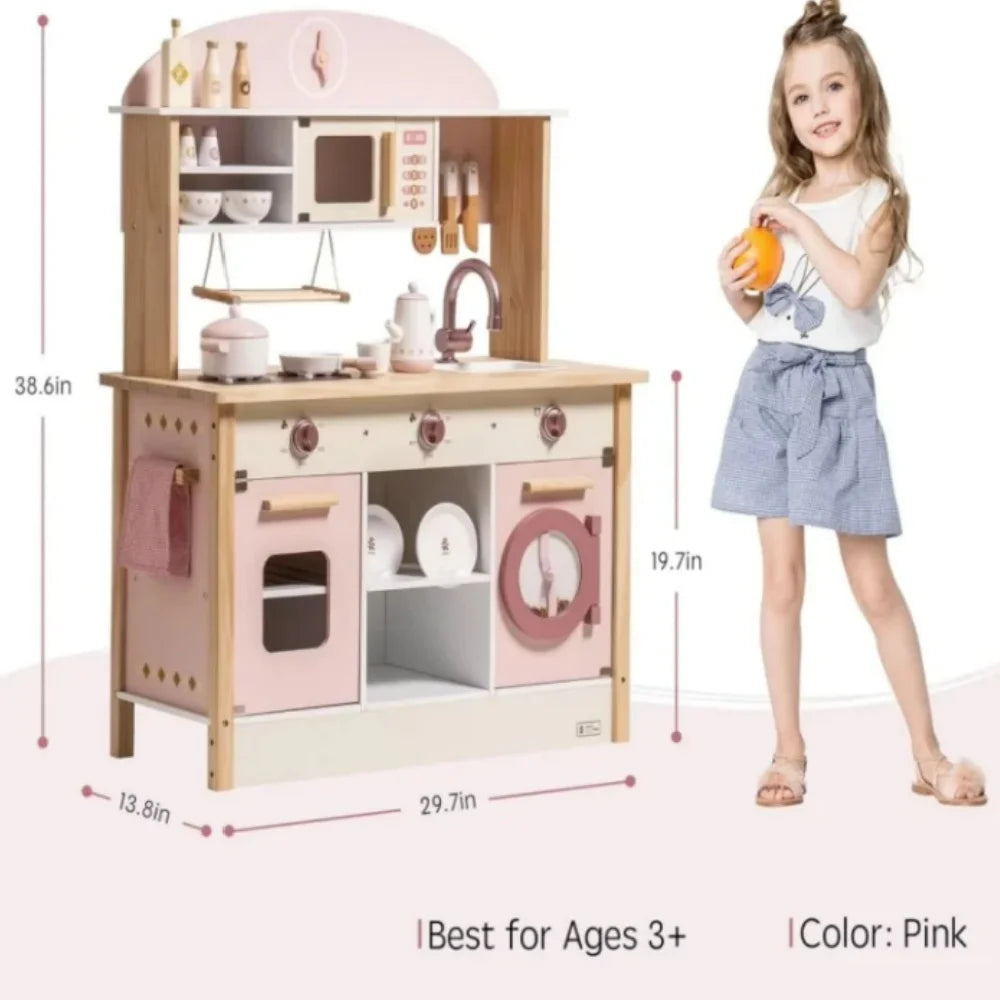 Kitchen Play set with Realistic Sound Pretend Play Gift for Boys Girls Pink - Ohberri