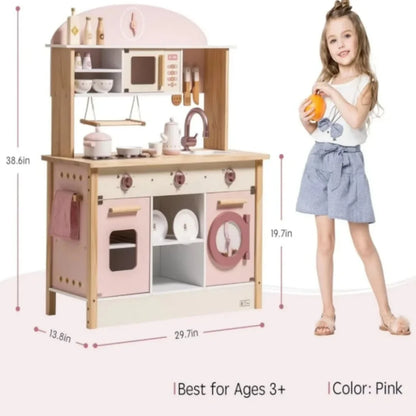 Kitchen Play set with Realistic Sound Pretend Play Gift for Boys Girls Pink - Ohberri