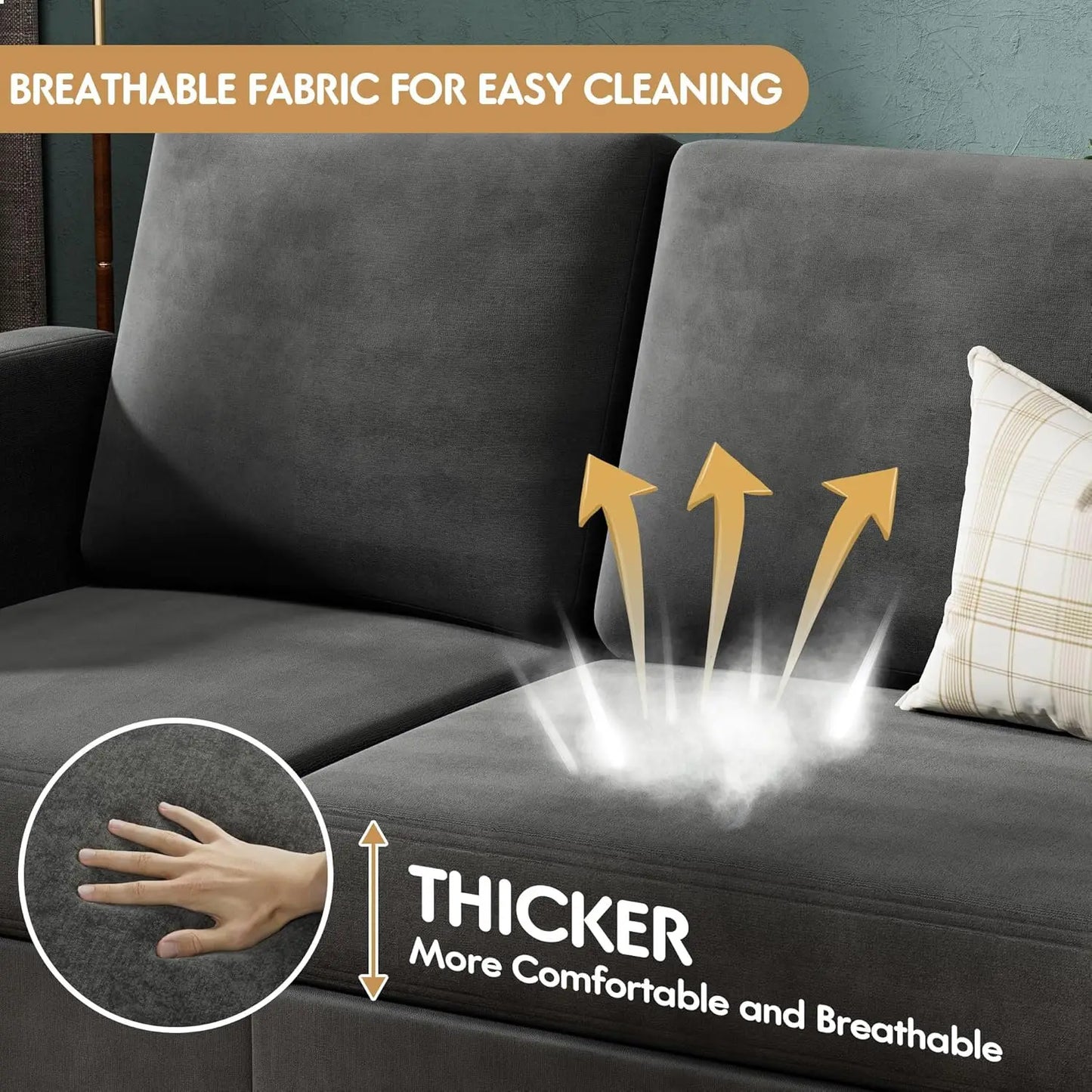 3 Seat L-Shaped Sofa with Linen Fabric Ottoman (Dark Gray) - Ohberri