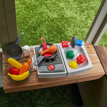 Wooden Playhouse with Doorbell 13 Accessories Serving Window Picket Fence Ohberri