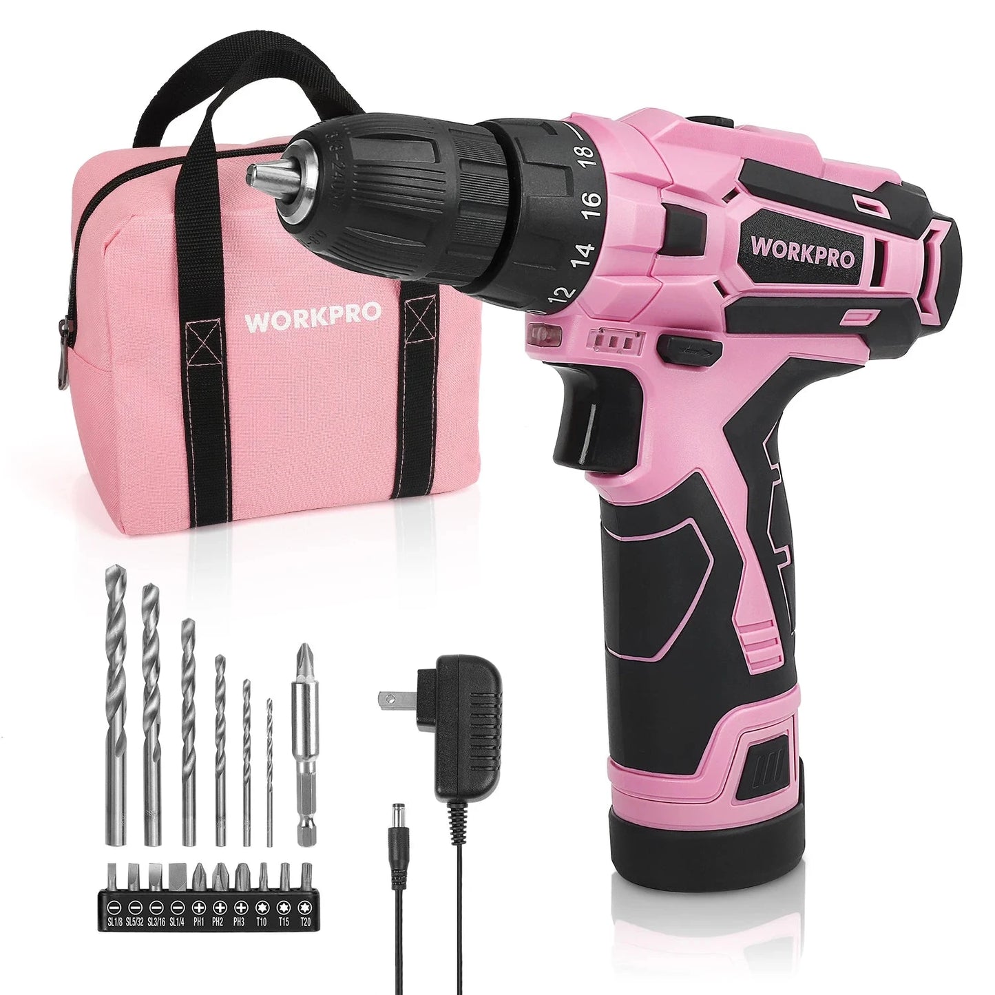 WORKPRO Pink Cordless Drill Driver Set, 12V Electric Screwdriver Driver Tool Kit, 3/8" Ohberri
